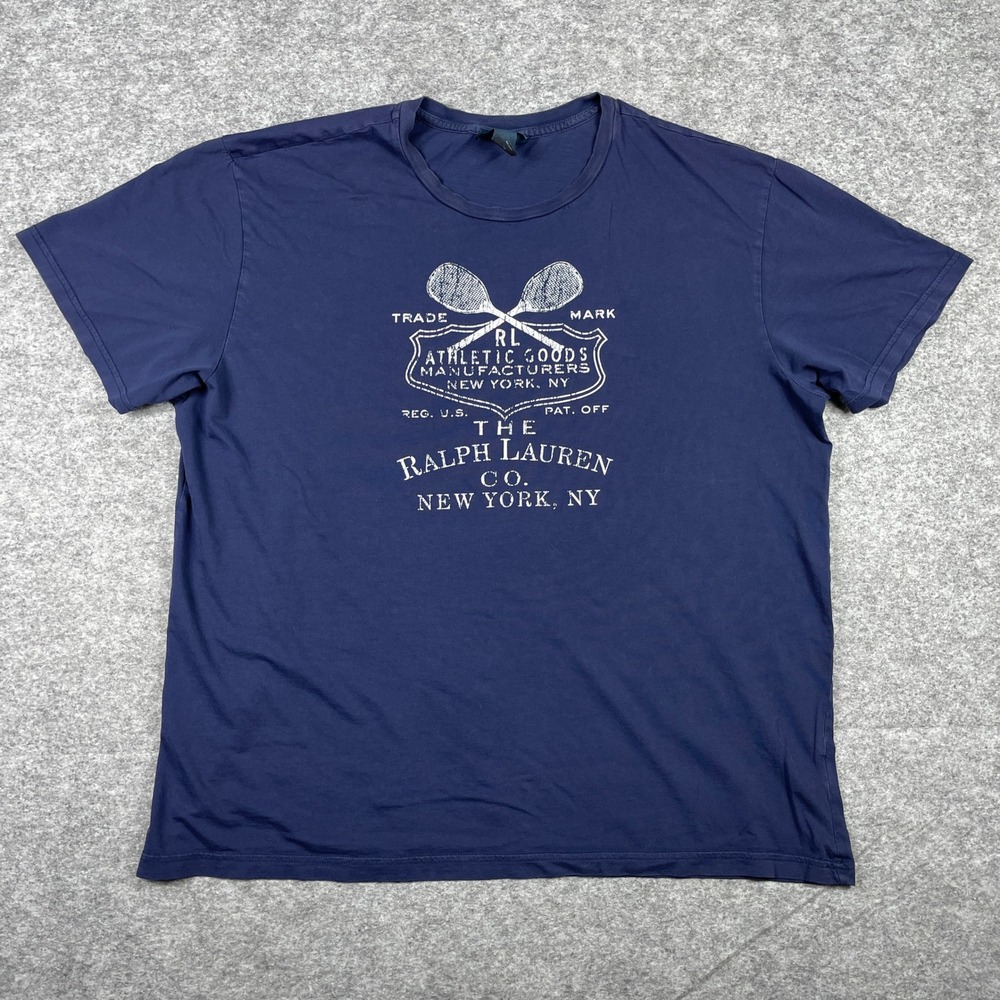 VTG Polo Ralph Lauren T Shirt Men XL Navy Blue Athletic Goods Tennis Racket 90s